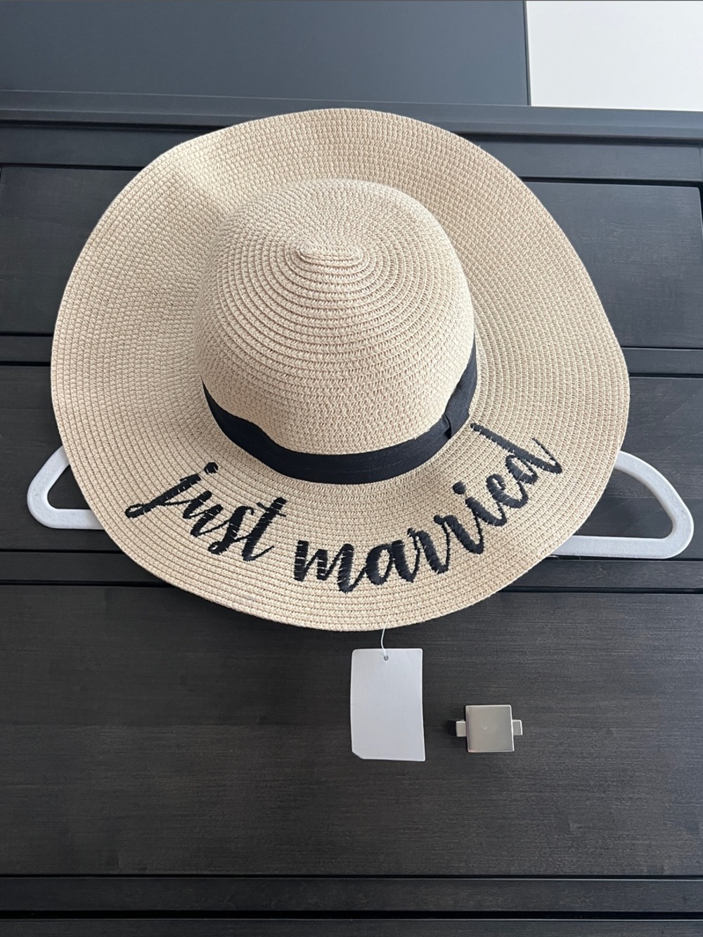 Wide-Brim Straw Hat with Black Ribbon and "Just Married" Script